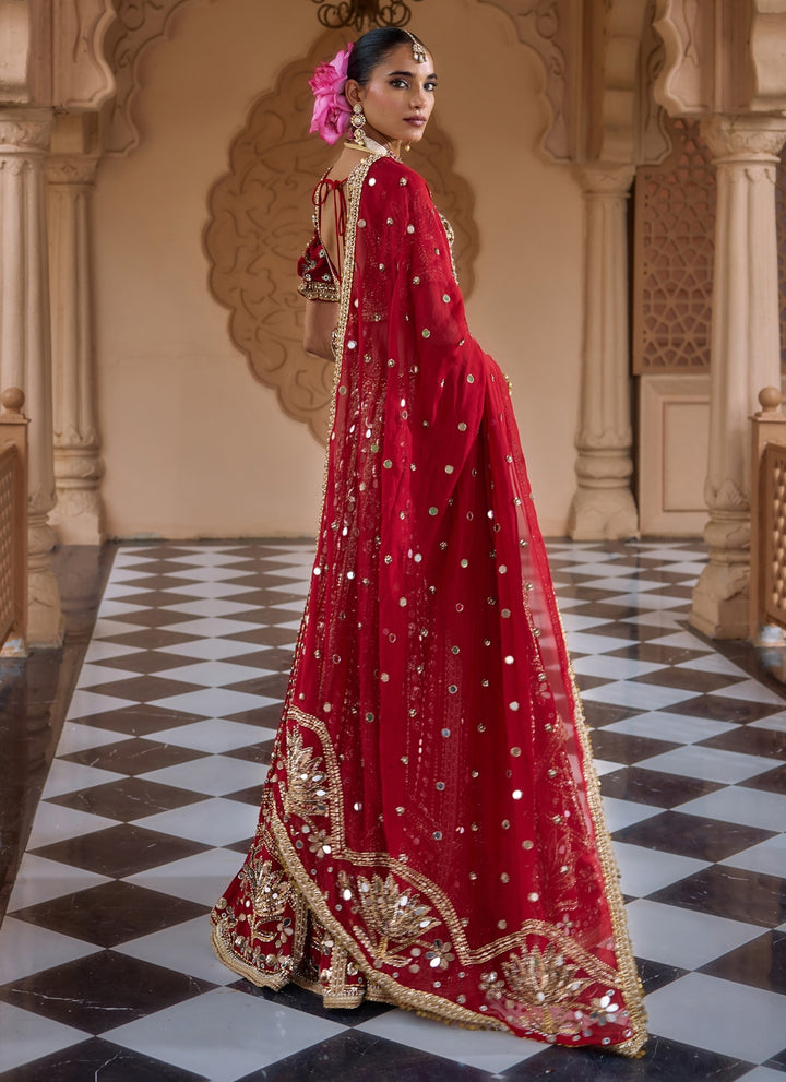 Deep Red Embroidered Crepe Bridal Lehenga Set