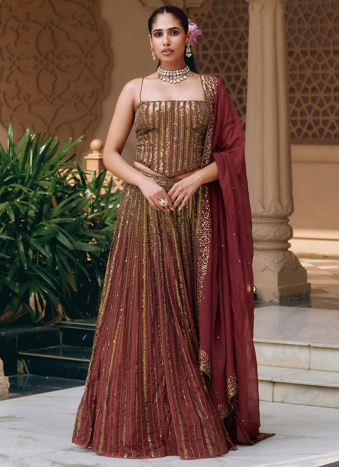 Rust Brown Organza Corset Lehenga Set