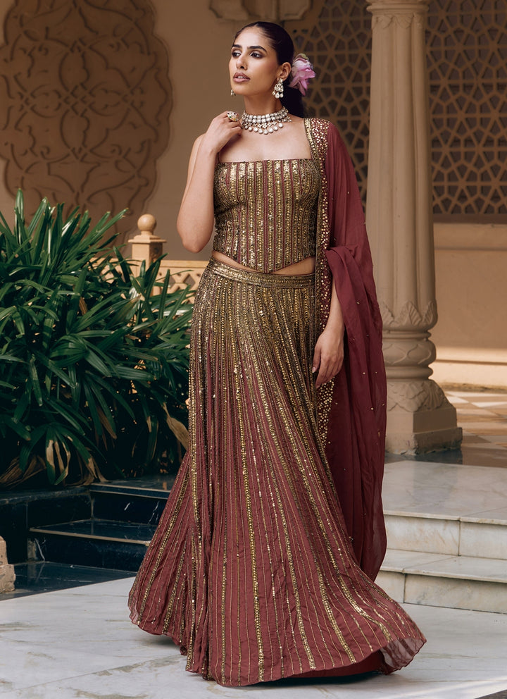 Rust Brown Organza Corset Lehenga Set