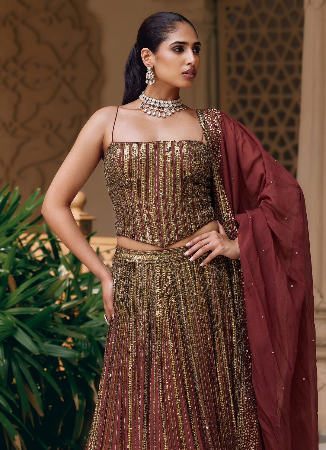 Rust Brown Organza Corset Lehenga Set