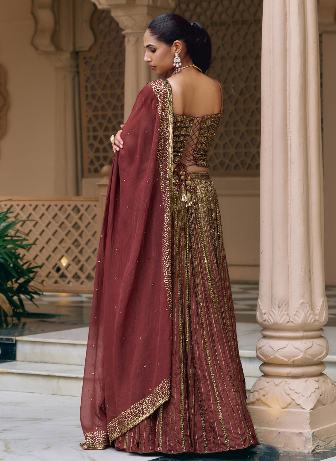Rust Brown Organza Corset Lehenga Set