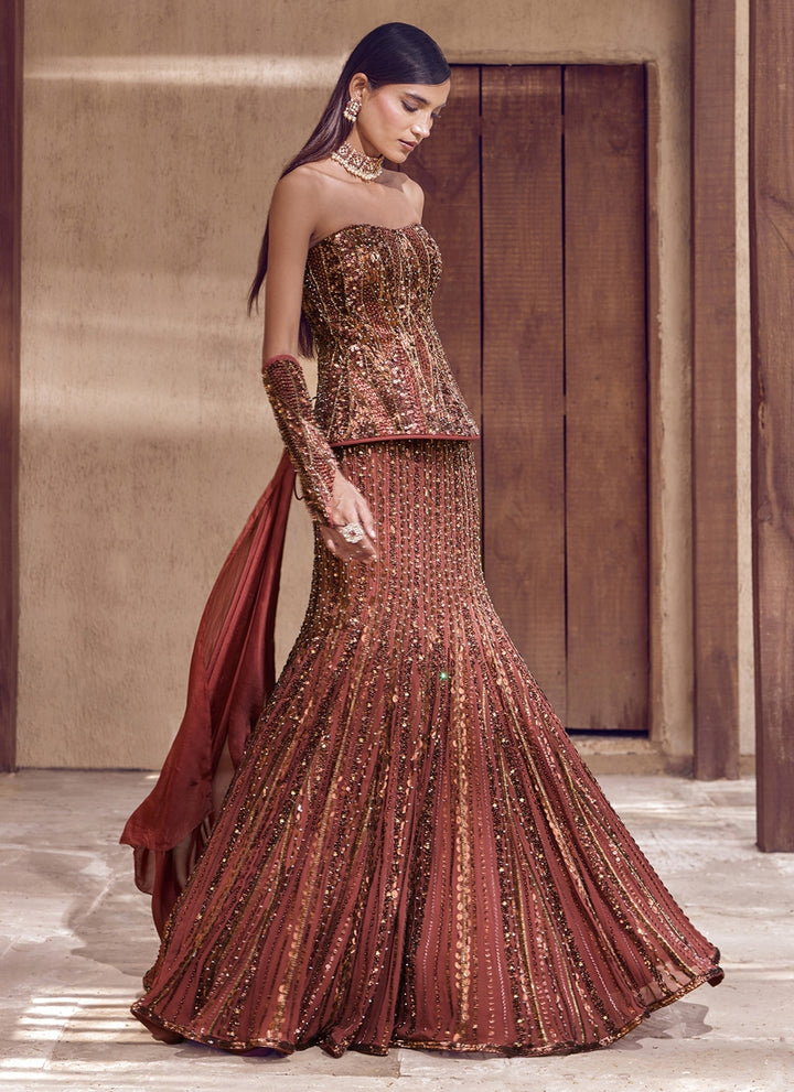 Rust Brown Crepe Mermaid Lehenga Set With Corset