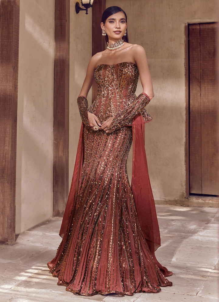 Rust Brown Crepe Mermaid Lehenga Set With Corset