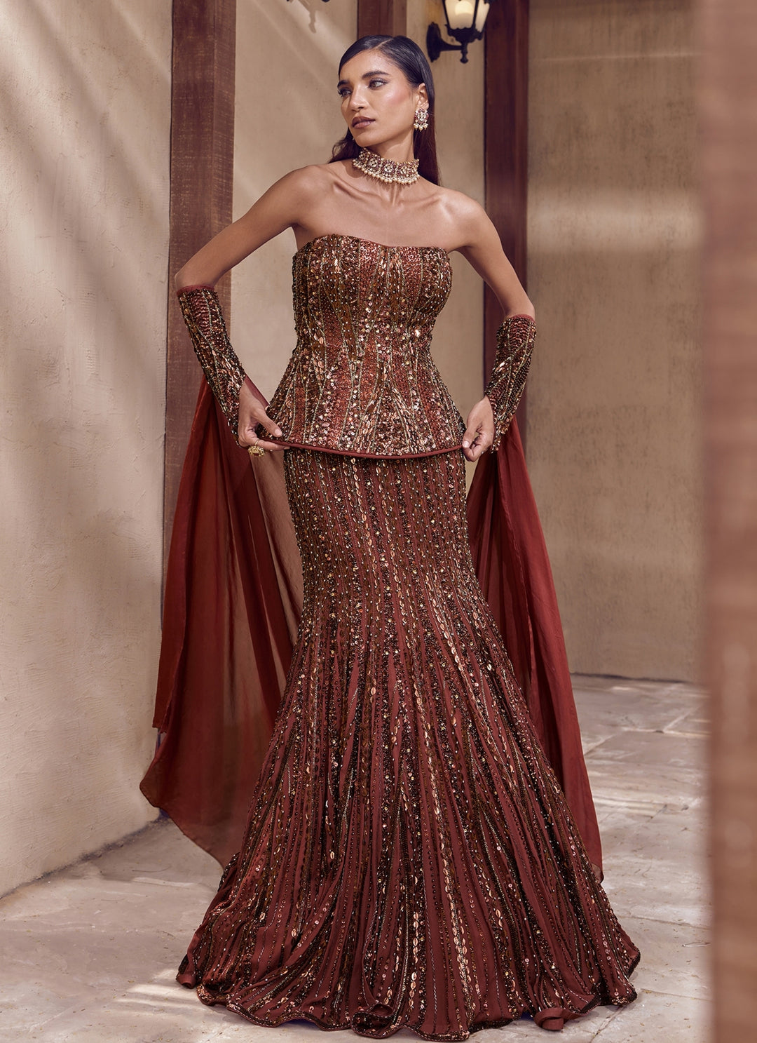 Rust Brown Crepe Mermaid Lehenga Set With Corset