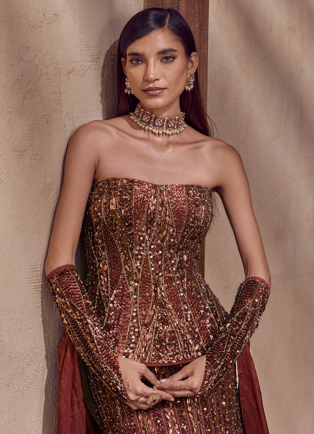 Rust Brown Crepe Mermaid Lehenga Set With Corset