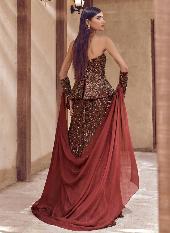 Rust Brown Crepe Mermaid Lehenga Set With Corset