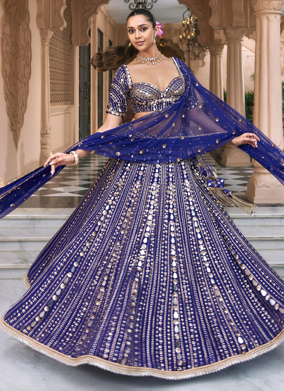 Purplish Blue Embroidered Crepe Bridal Lehenga Set