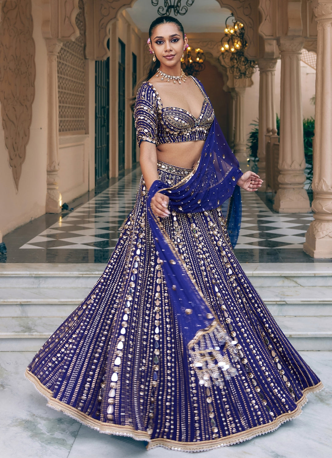 Purplish Blue Embroidered Crepe Bridal Lehenga Set