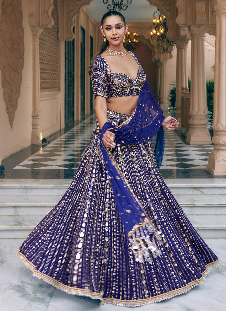 Purplish Blue Embroidered Crepe Bridal Lehenga Set