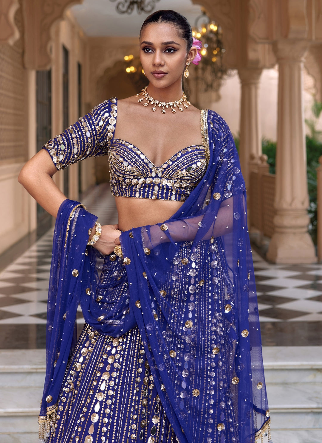 Purplish Blue Embroidered Crepe Bridal Lehenga Set