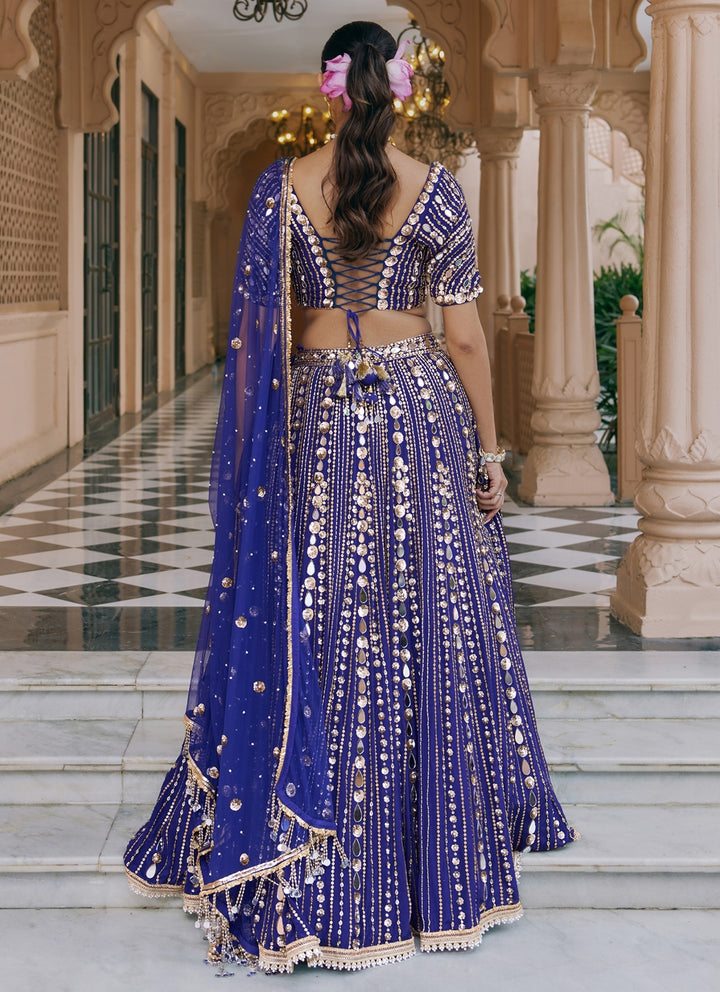 Purplish Blue Embroidered Crepe Bridal Lehenga Set