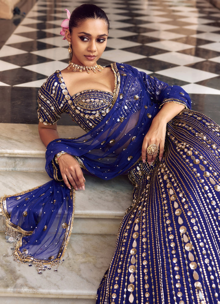 Purplish Blue Embroidered Crepe Bridal Lehenga Set