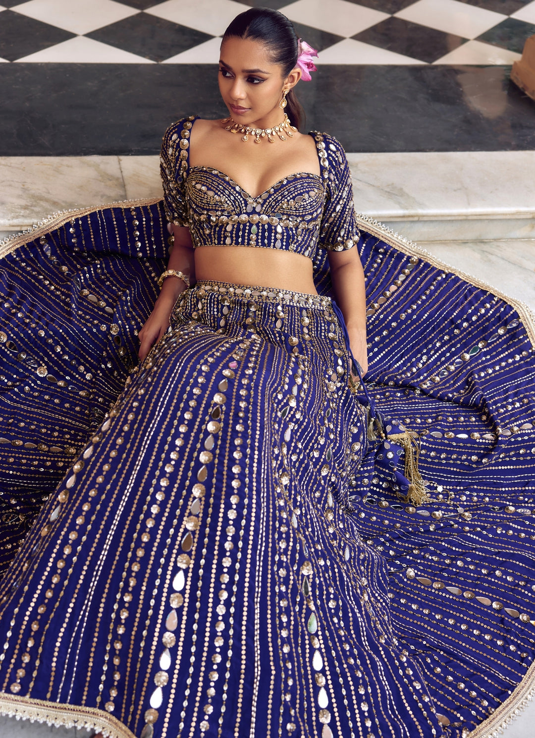 Purplish Blue Embroidered Crepe Bridal Lehenga Set