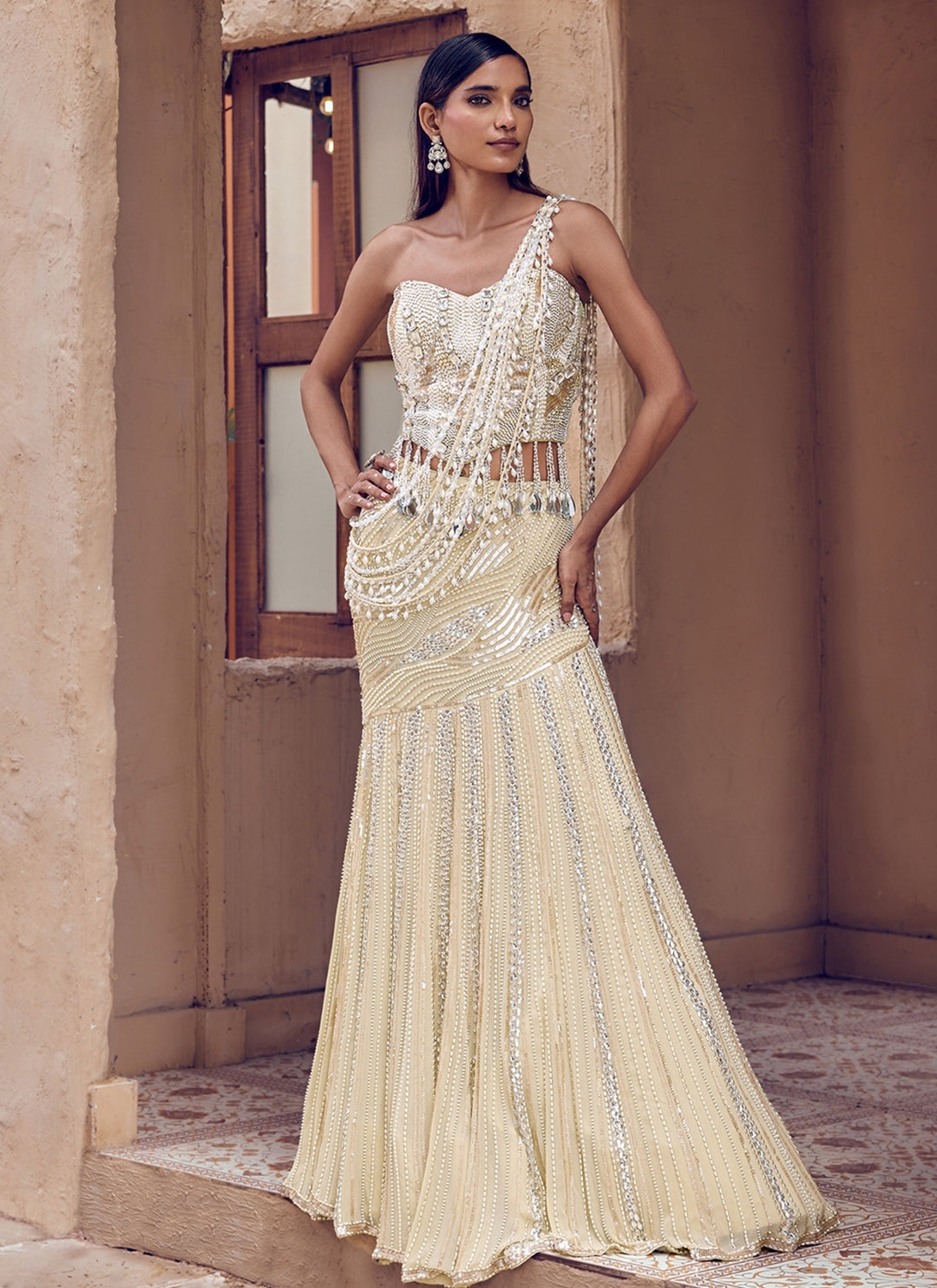 Champagne Pearl Georgette Pre-Draped Saree With Corset