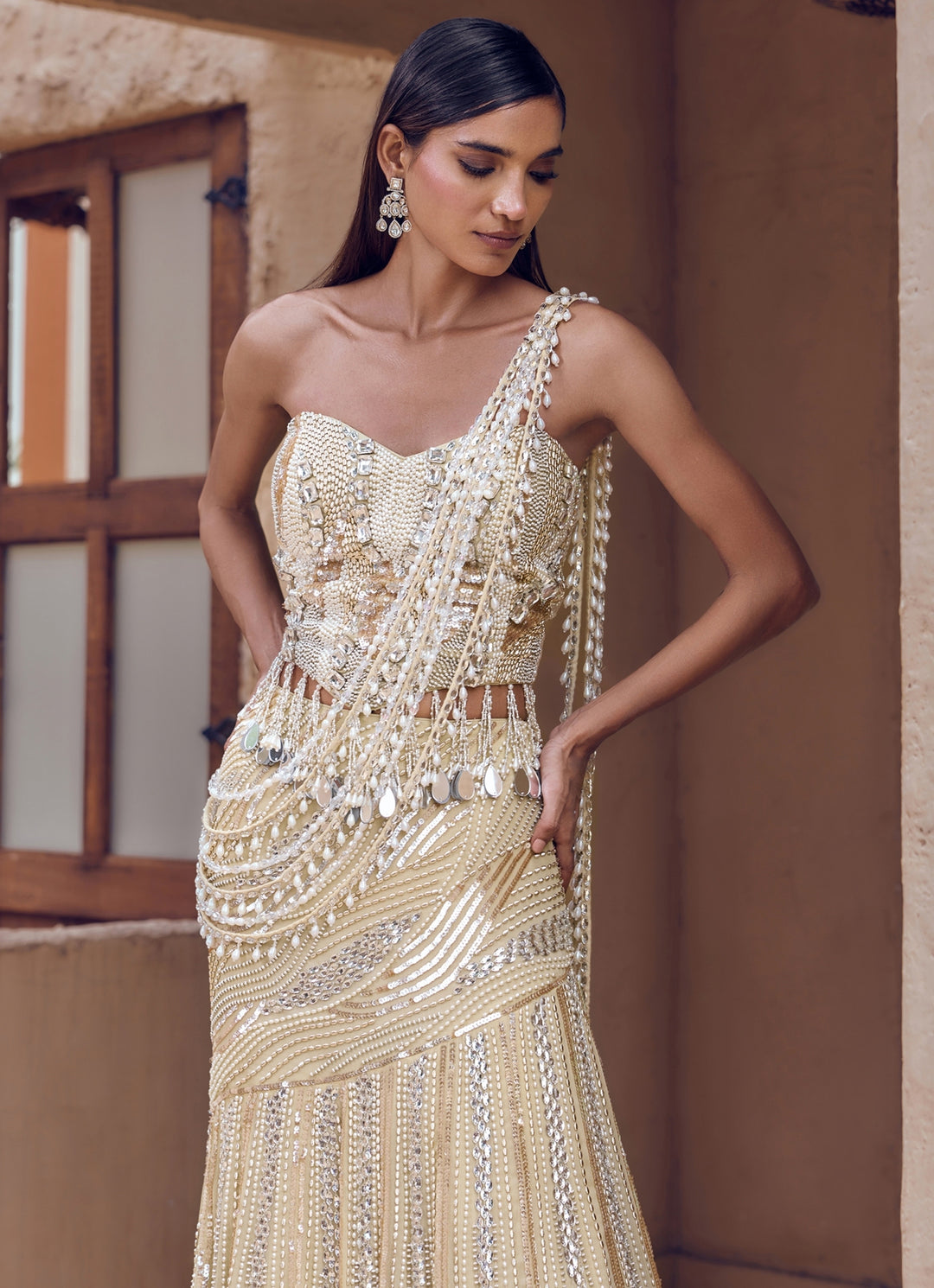 Champagne Pearl Georgette Pre-Draped Saree With Corset