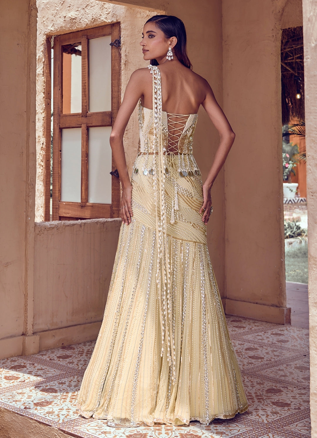 Champagne Pearl Georgette Pre-Draped Saree With Corset