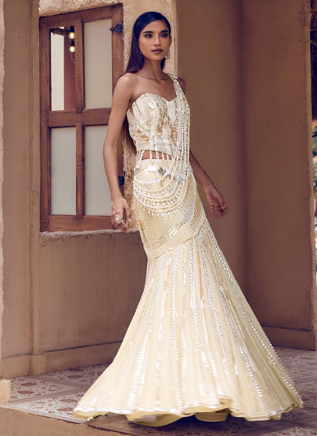 Champagne Pearl Georgette Pre-Draped Saree With Corset