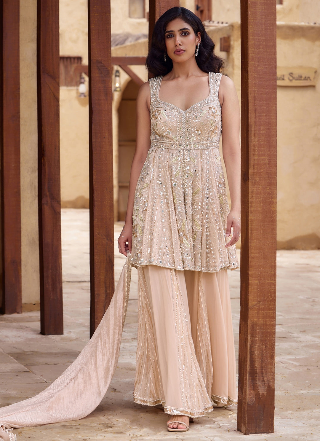 Champagne Pink Georgette Kurta Sharara Set