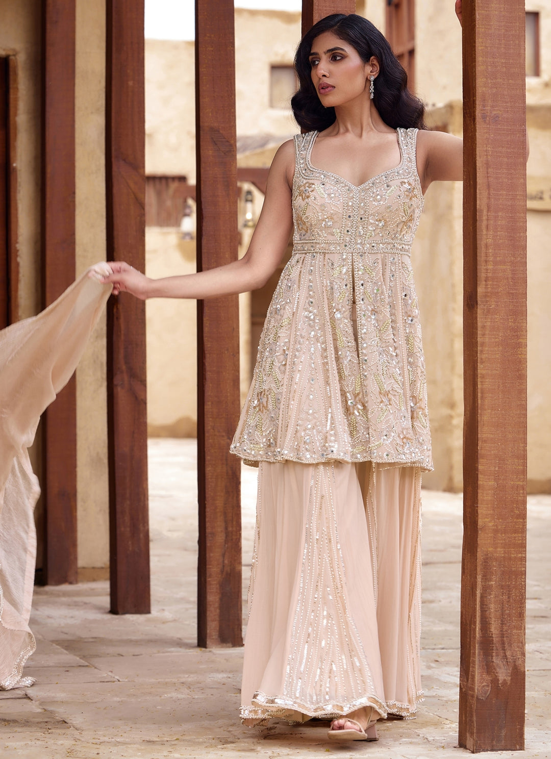 Champagne Pink Georgette Kurta Sharara Set