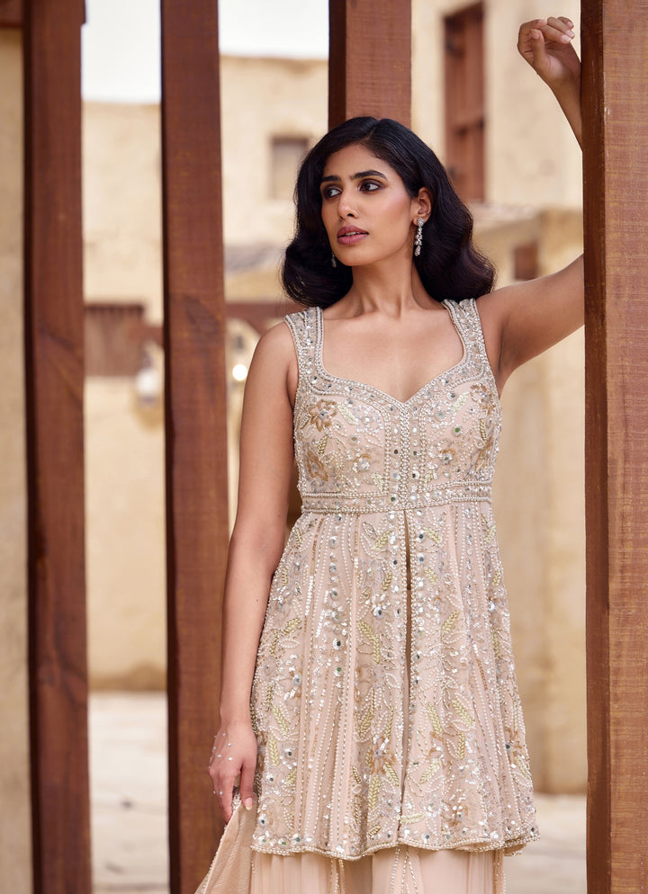 Champagne Pink Georgette Kurta Sharara Set