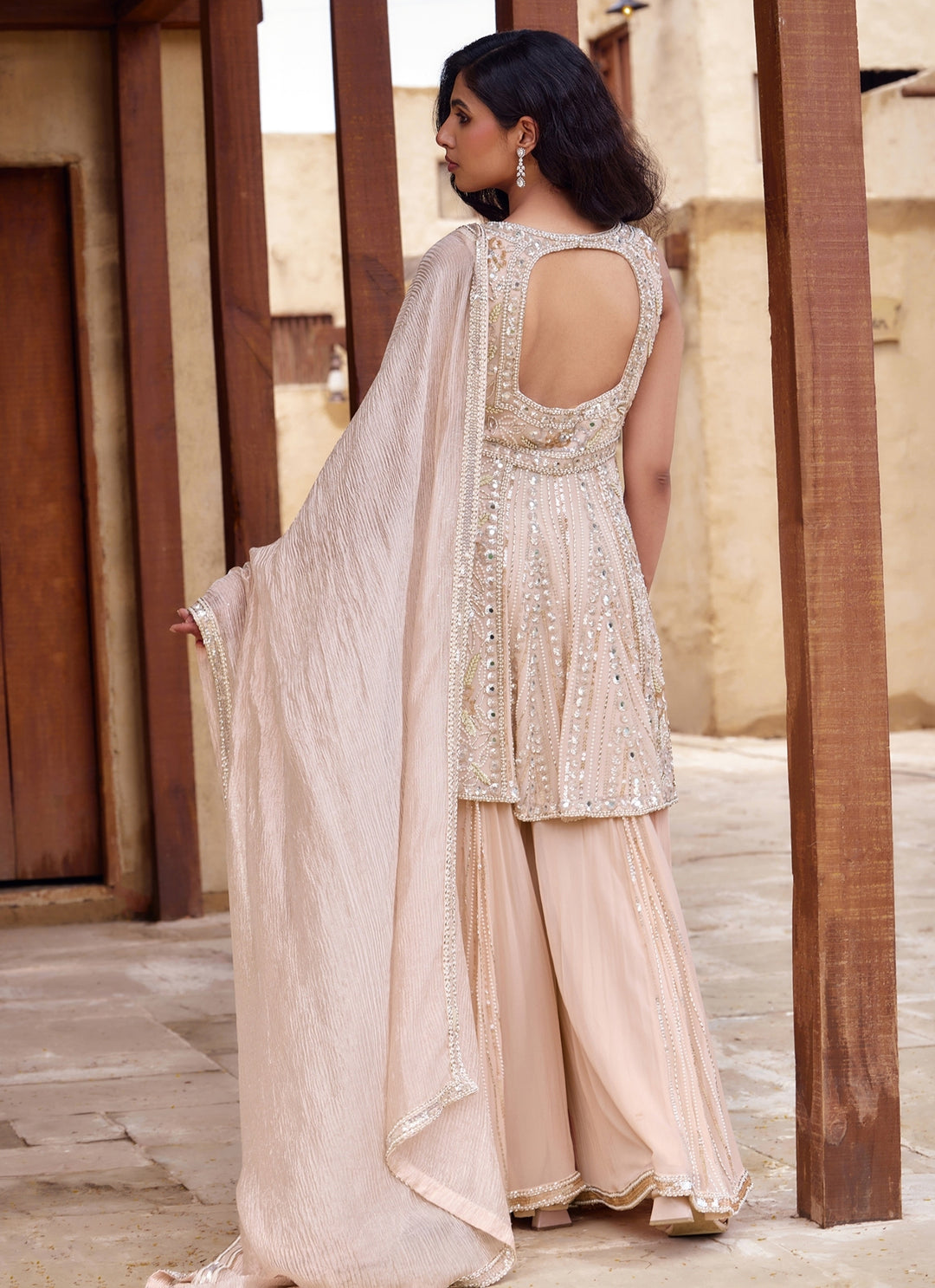 Champagne Pink Georgette Kurta Sharara Set