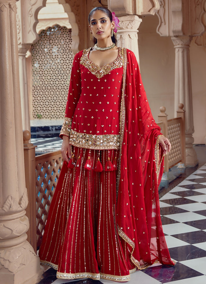 Red Embroidered Crepe Kurta Sharara Set