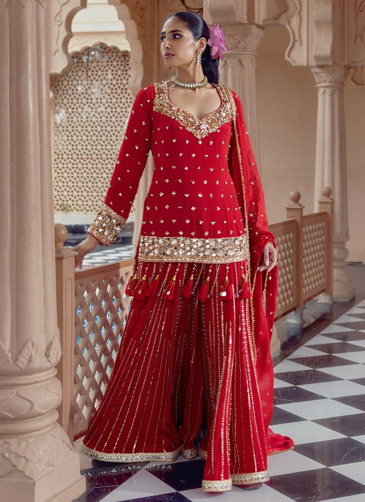 Red Embroidered Crepe Kurta Sharara Set