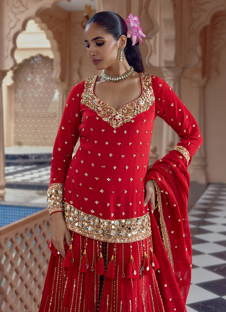 Red Embroidered Crepe Kurta Sharara Set