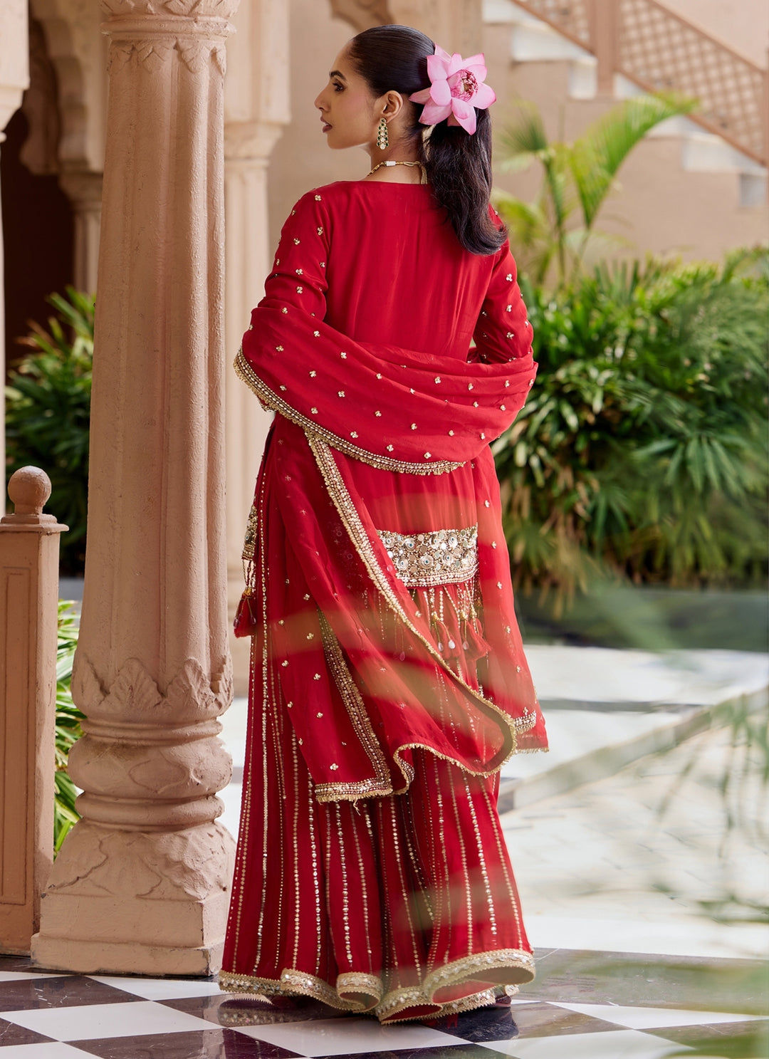 Red Embroidered Crepe Kurta Sharara Set