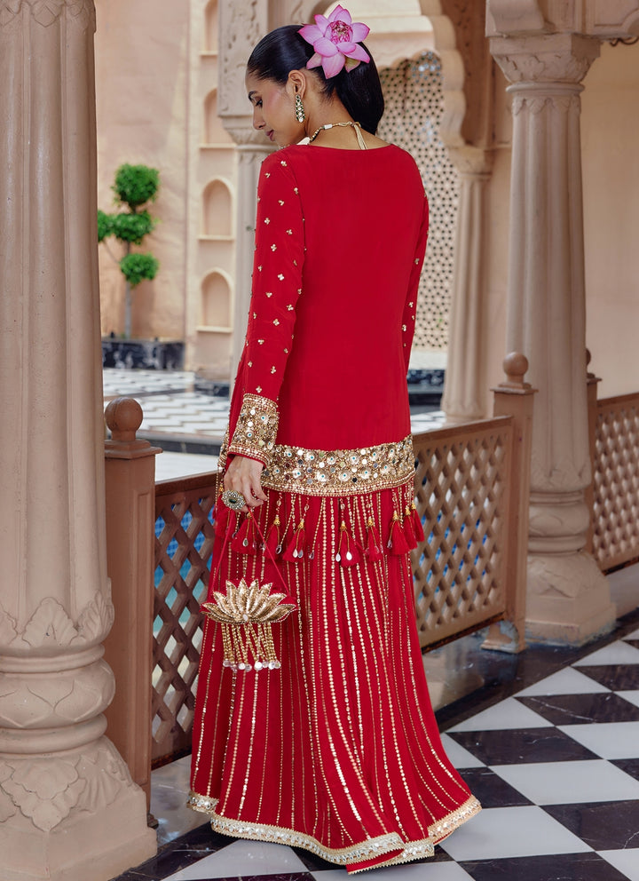 Red Embroidered Crepe Kurta Sharara Set