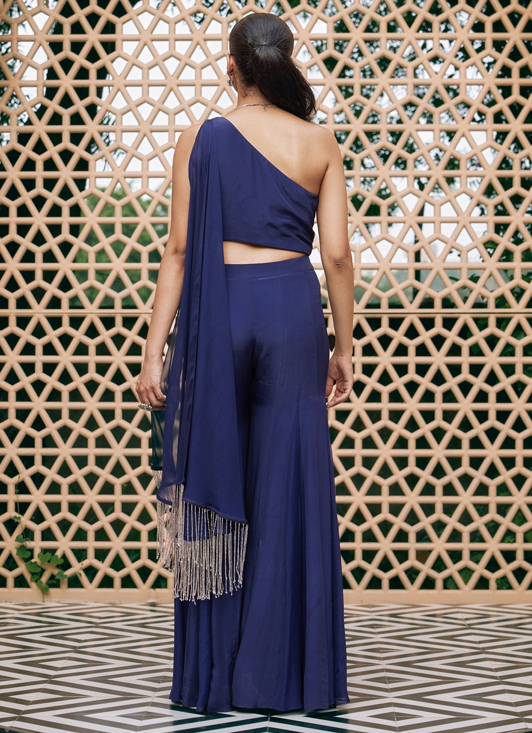 Blue Embroidered Crepe Blouse Sharara Set