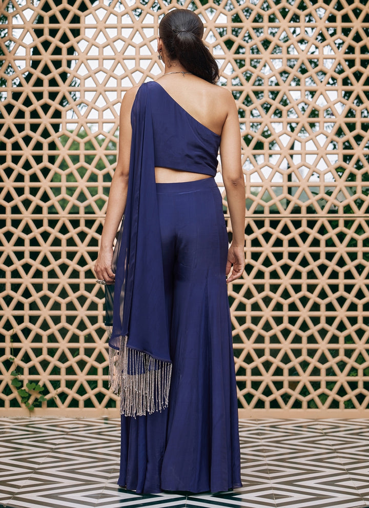 Blue Embroidered Crepe Blouse Sharara Set