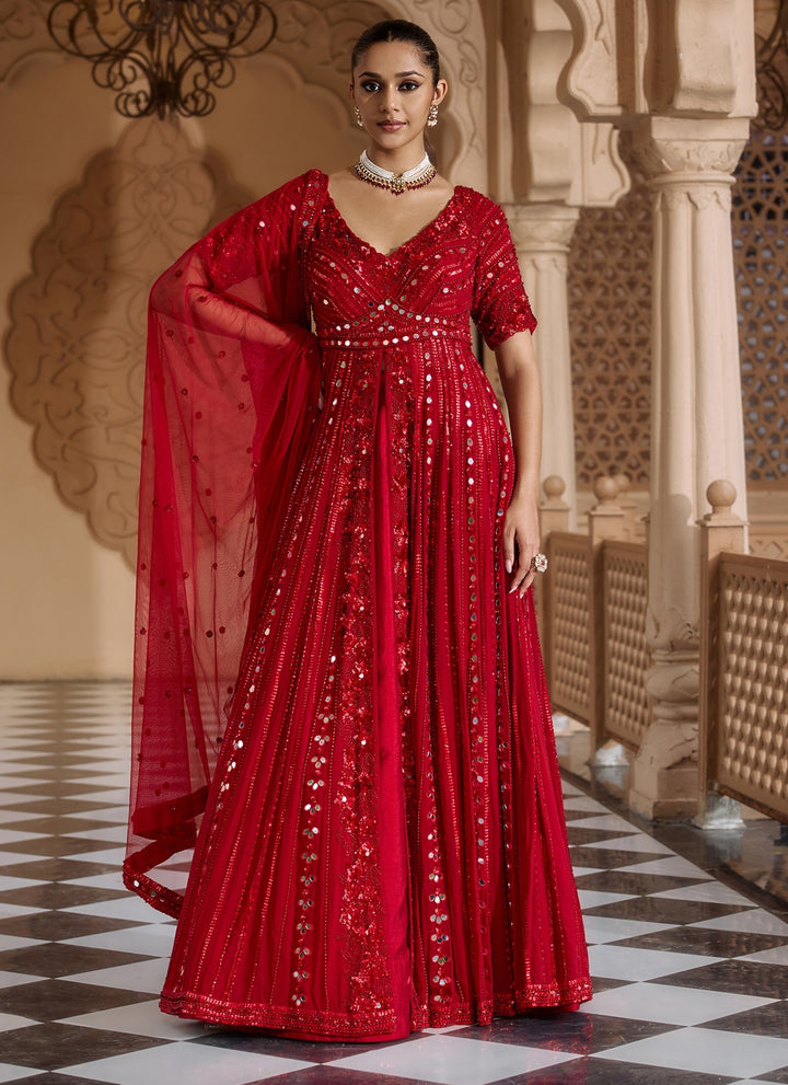 Ruby Red Georgette Anarkali Lehenga Set