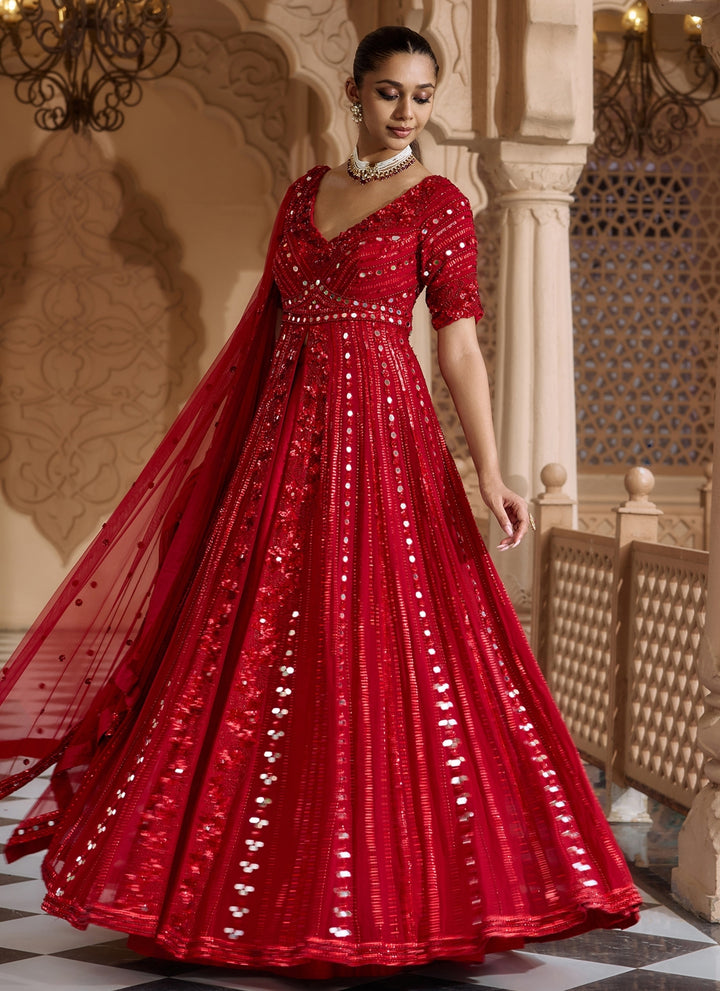 Ruby Red Georgette Anarkali Lehenga Set