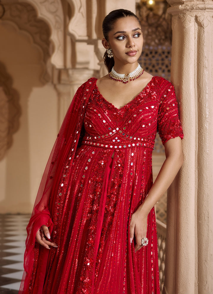 Ruby Red Georgette Anarkali Lehenga Set