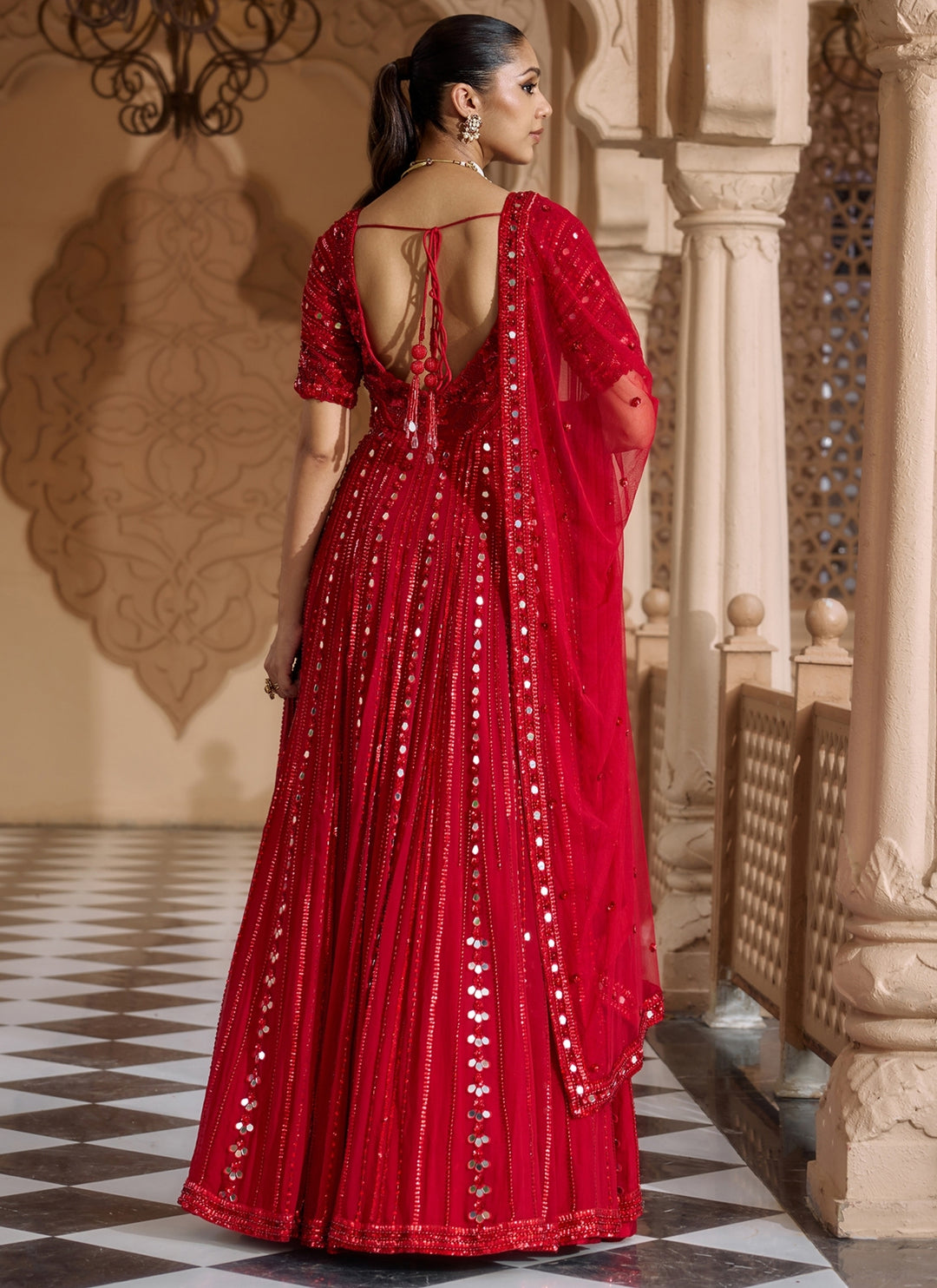 Ruby Red Georgette Anarkali Lehenga Set