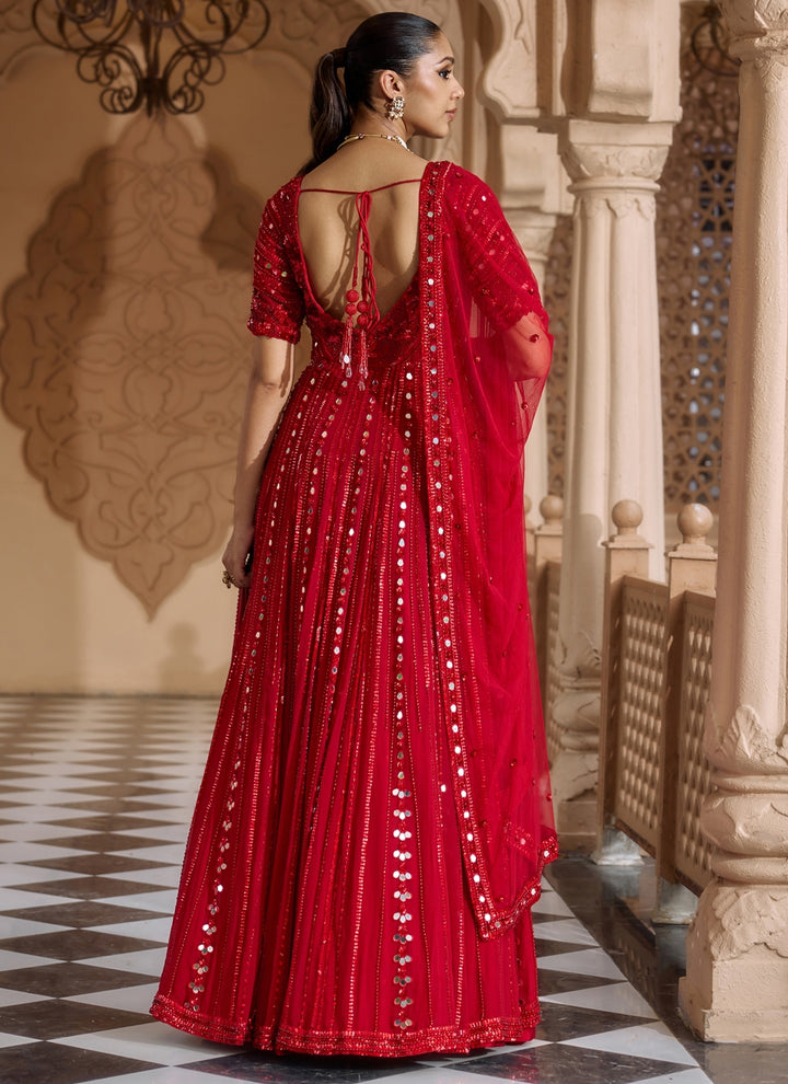 Ruby Red Georgette Anarkali Lehenga Set