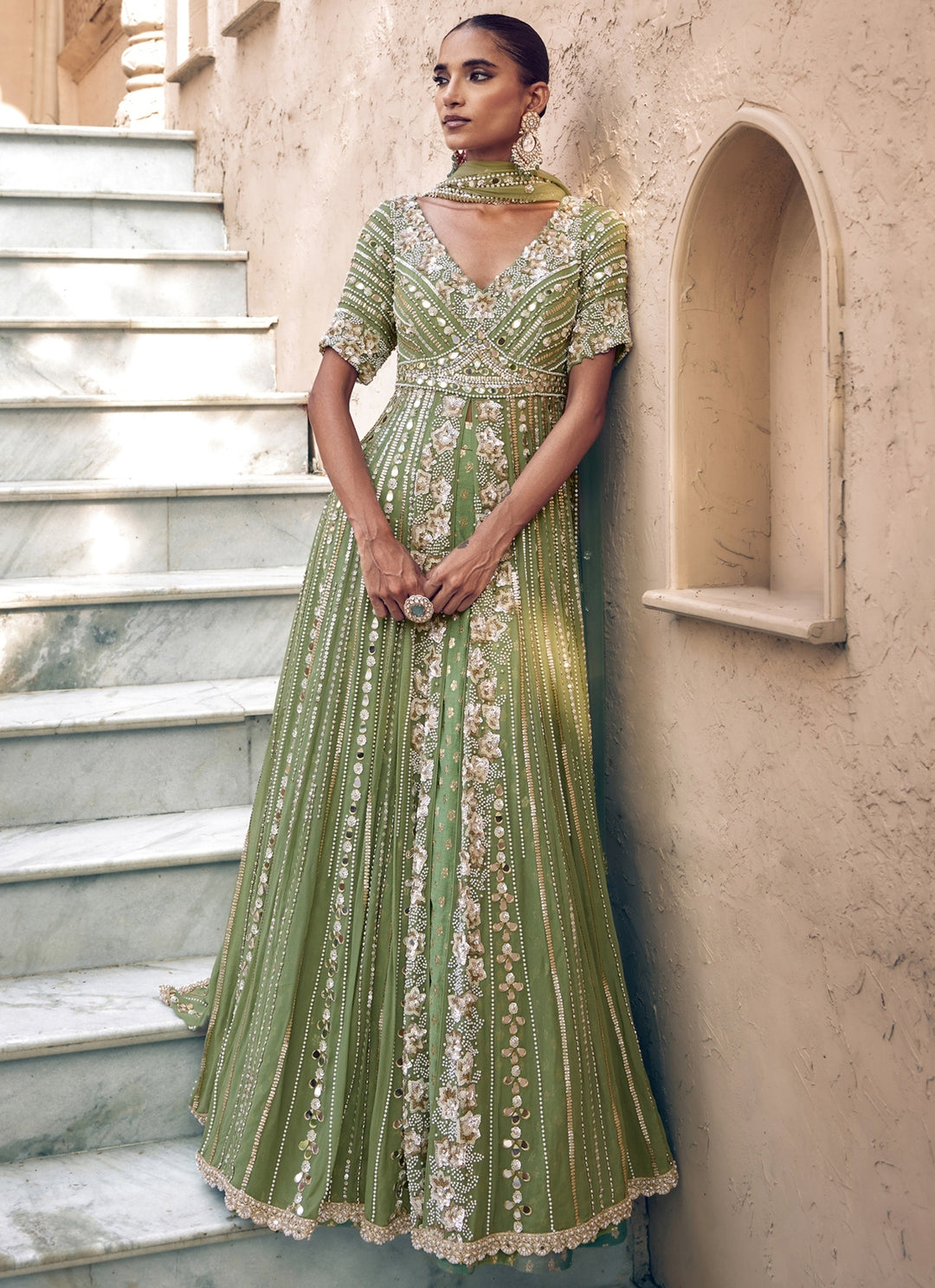 Pista Green Georgette Anarkali Lehenga Set