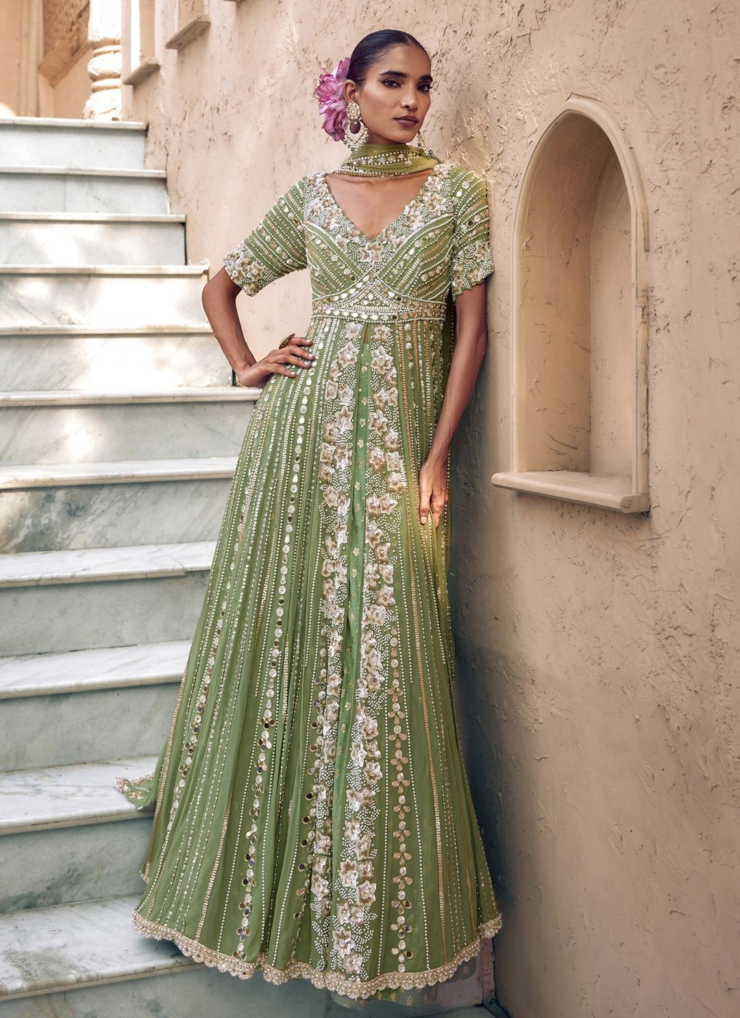 Pista Green Georgette Anarkali Lehenga Set