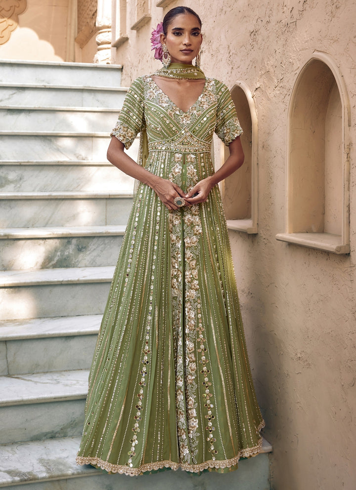 Pista Green Georgette Anarkali Lehenga Set