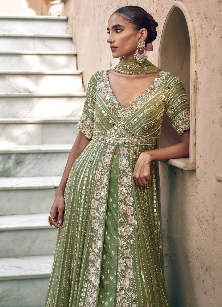 Pista Green Georgette Anarkali Lehenga Set