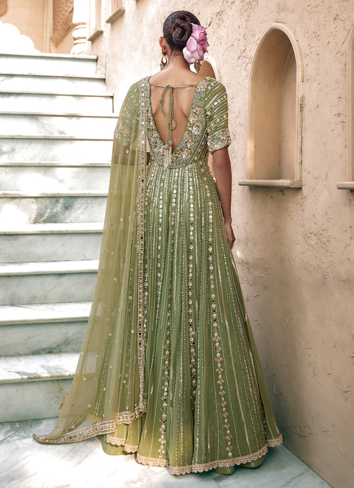 Pista Green Georgette Anarkali Lehenga Set
