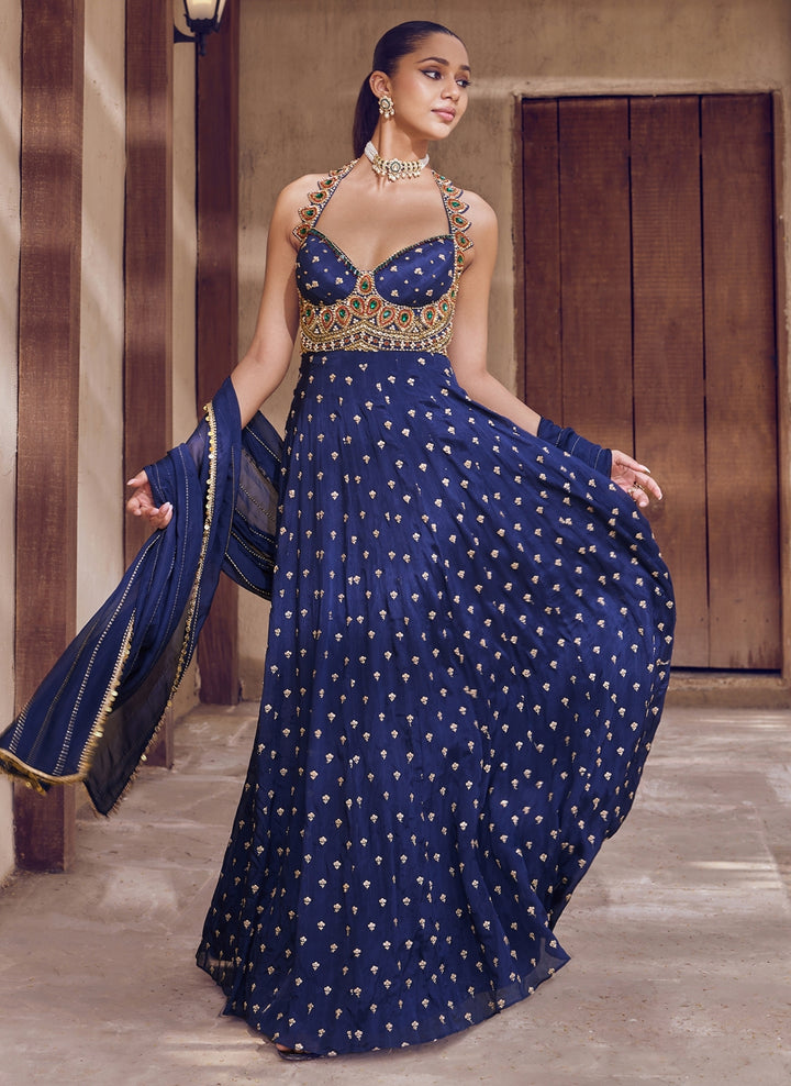 Navy Blue Embroidered Chiffon Anarkali Set