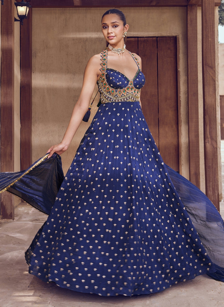 Navy Blue Embroidered Chiffon Anarkali Set