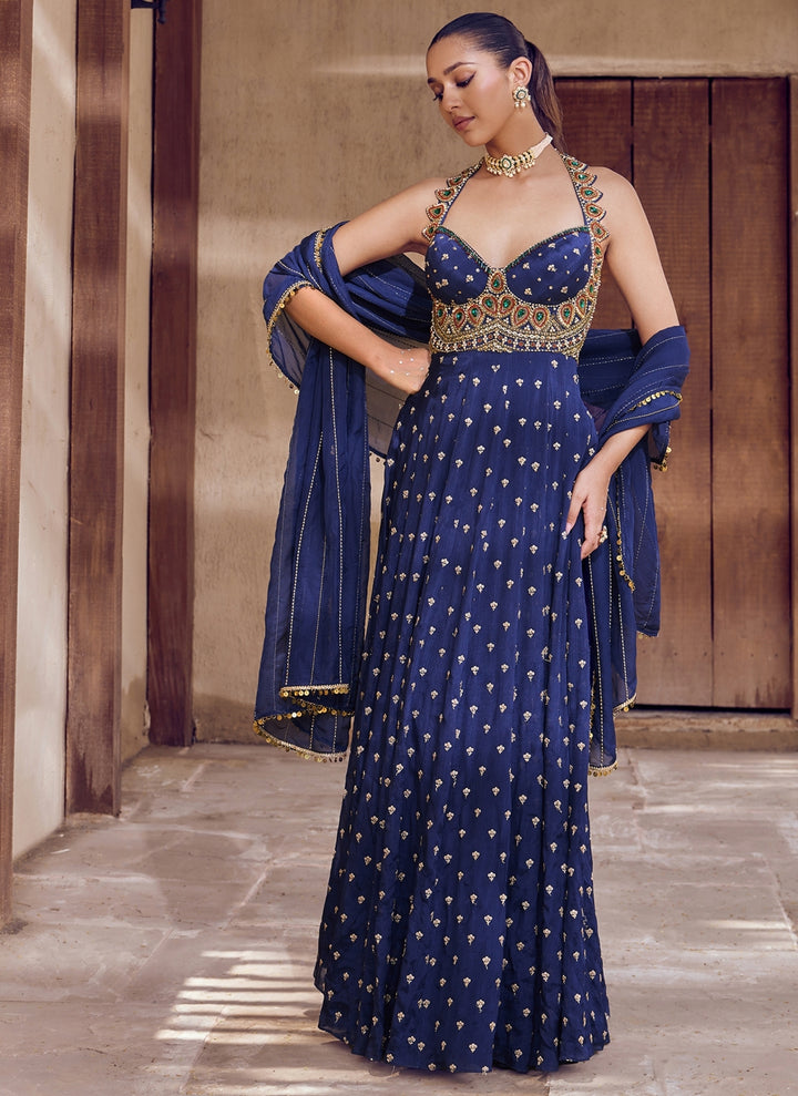 Navy Blue Embroidered Chiffon Anarkali Set