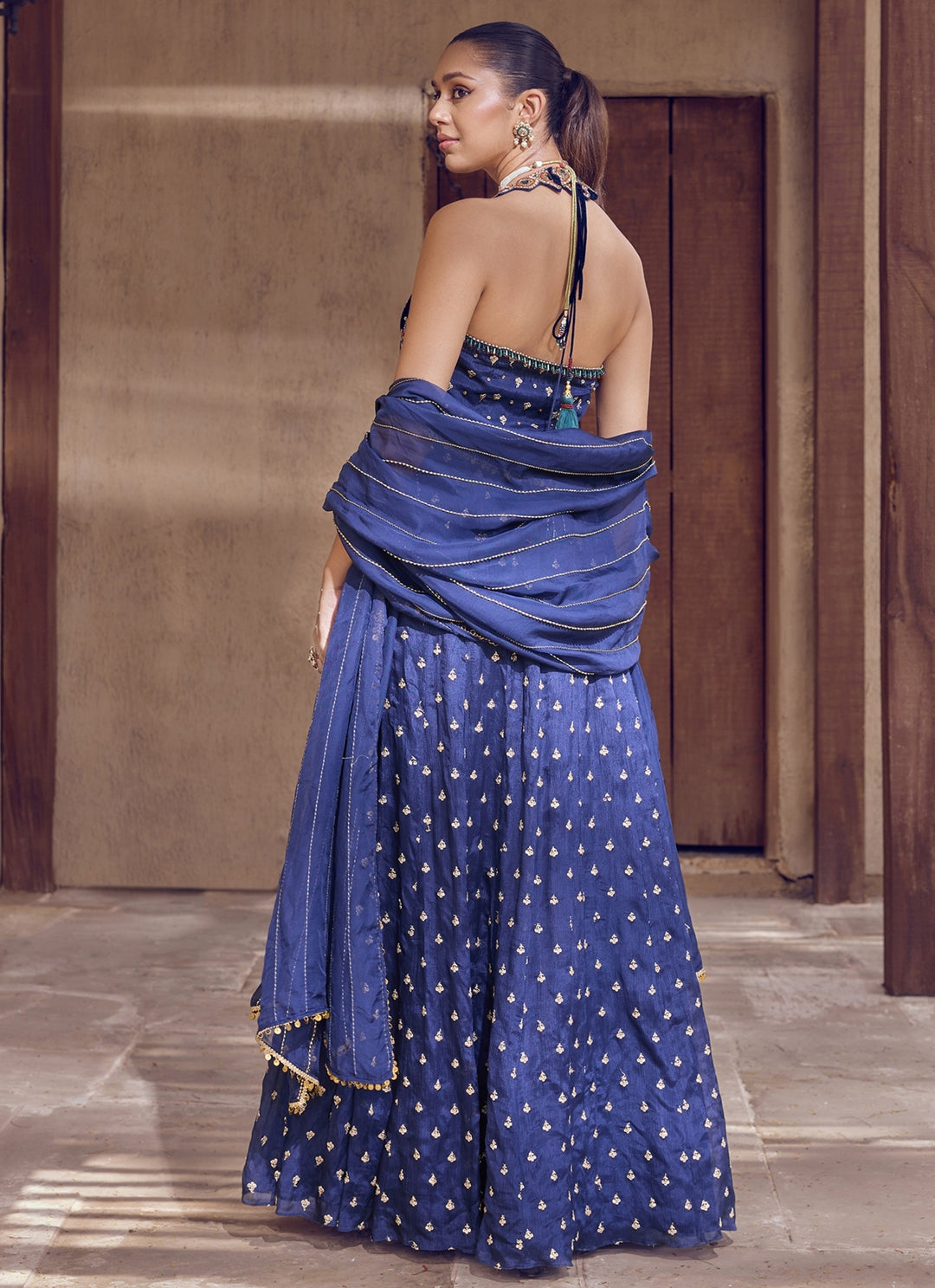 Navy Blue Embroidered Chiffon Anarkali Set