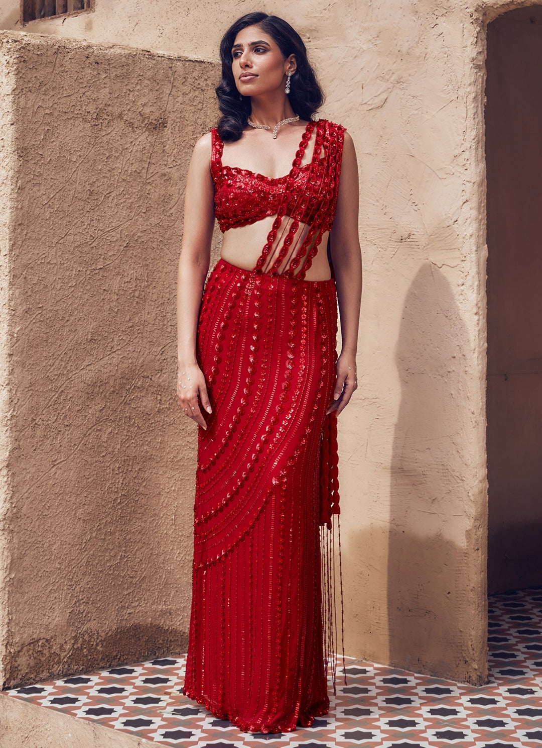 Red Embroidered Georgette Pre-Draped Saree