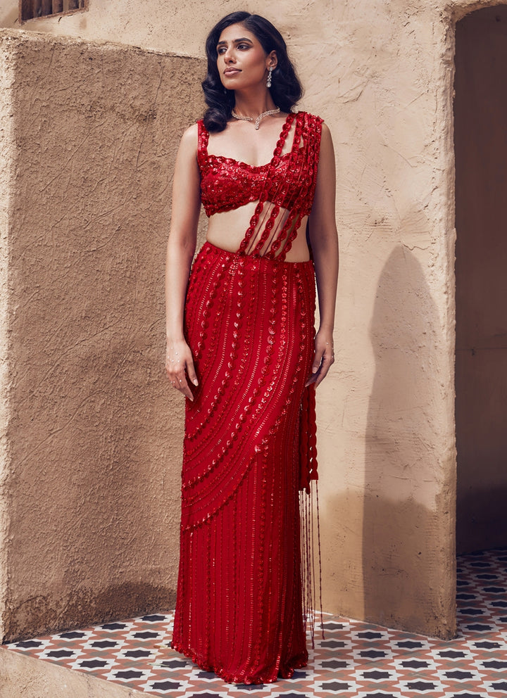 Red Embroidered Georgette Pre-Draped Saree