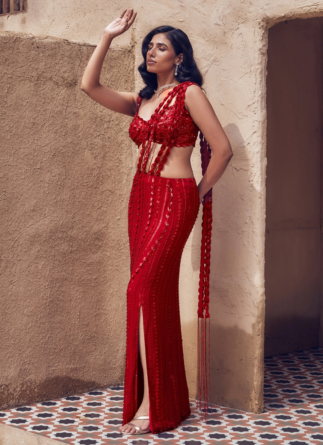 Red Embroidered Georgette Pre-Draped Saree