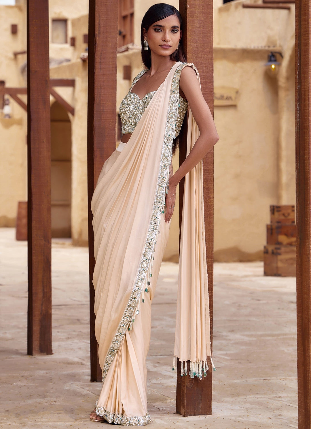 Blush Champagne Satin Pre-Draped Saree